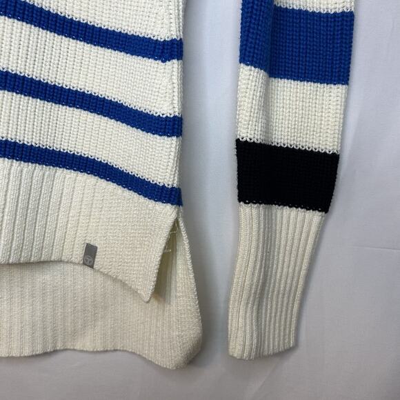 T By Talbots Womens Sweater Size MP Ivory Blue Green Stripes Thumb Hole Side Zip - Picture 4 of 13